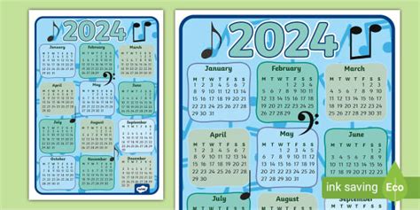 Music Notes-Themed 2024 Wall Calendar Poster (teacher made)