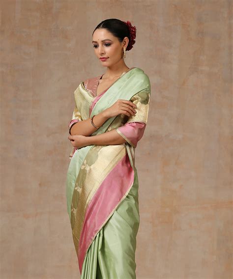 Pista Green Handloom Pure Satin Silk Banarasi Saree With Pink And Gold ...