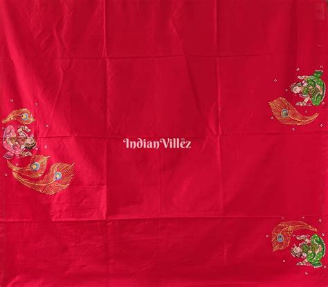 Red Ardha Chandra Krishna Rasa Leela Hand-Painted Pattachitra Saree (P ...