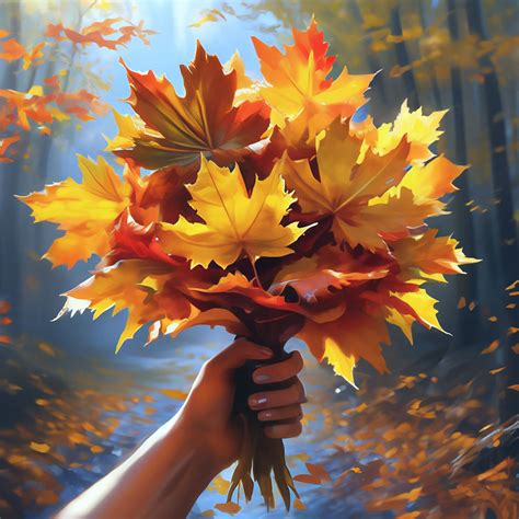 "Bouquet of autumn maple leaves in hand, from the first person ...