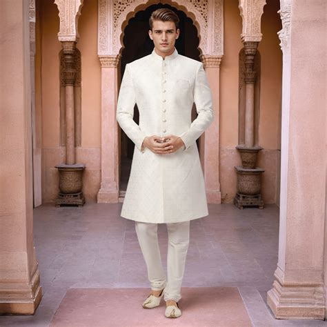 Ethnix Men White Jacquard Polyester Blend Sherwani – MyRaymond