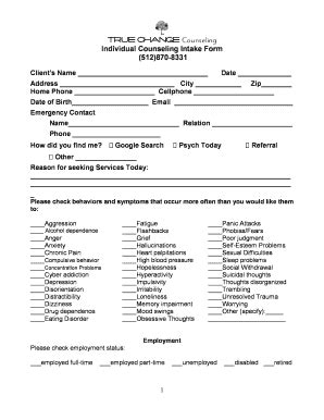 Fillable Online Individual Counseling Intake Form Fax Email Print ...