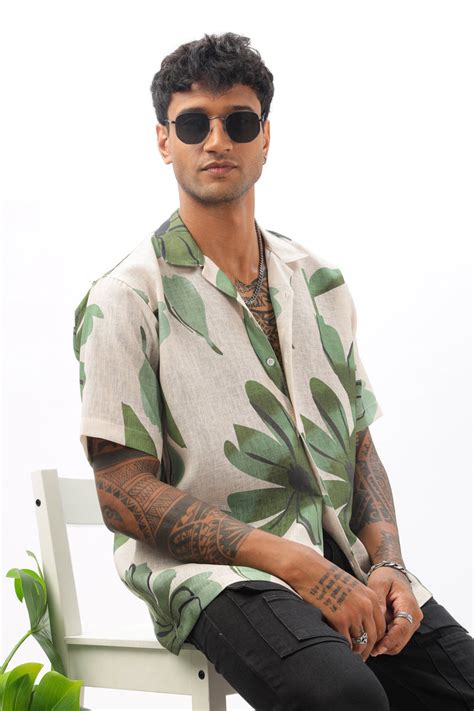 purchase the Cream flowing tropical printed linen shirt online at ...