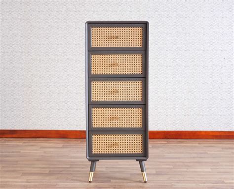 Boston Solid Wood Rattan Cane Chest of Drawer Five Drawer