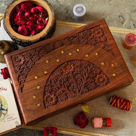 Buy Floral Wooden Carved Pooja Box Online in India - Mypoojabox.in