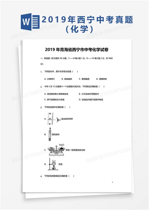 2019年青海省西宁市中考化学试卷Word模板下载_熊猫办公