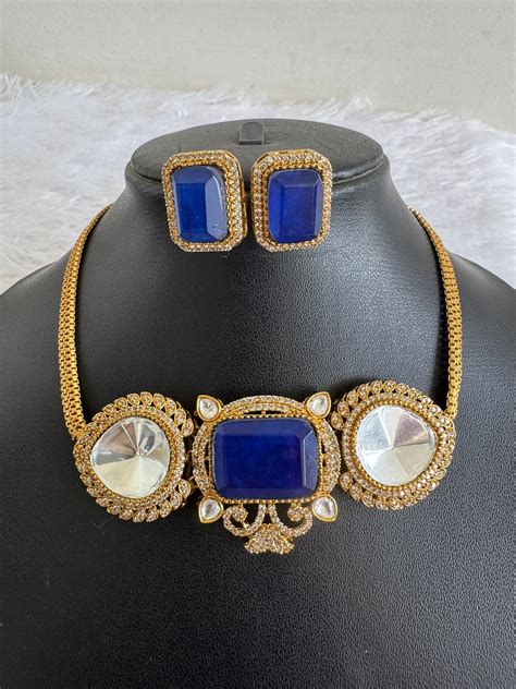 Antique gold tone cz big stone white-royal blue choker necklace set dj ...