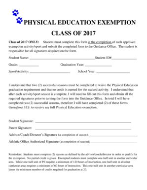 Fillable Online gahannaschools PHYSICAL EDUCATION EXEMPTION CLASS OF ...