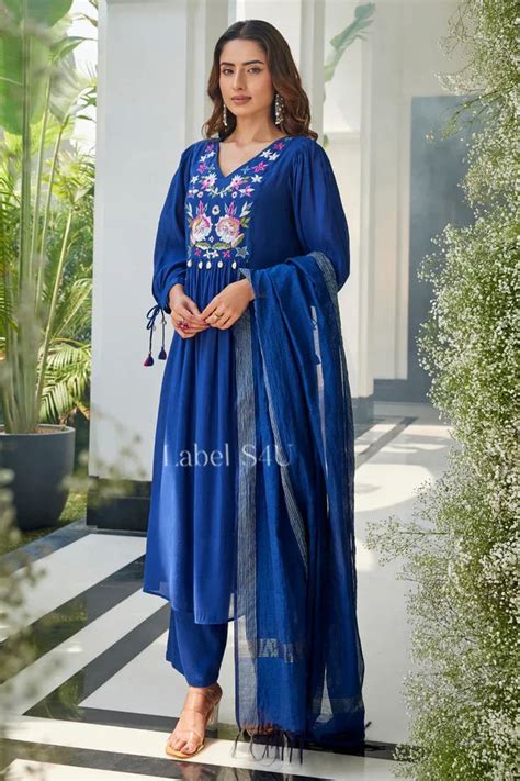 Navy Blue Embroidered Kurta Dupatta Set | Label S4U – MishUUU