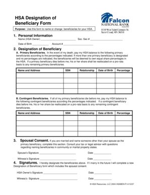 Fillable Online HSA Designation of Beneficiary Form - yourhsaadmincom ...
