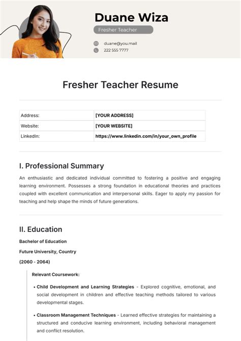 Free Fresher Teacher Resume Template to Edit Online