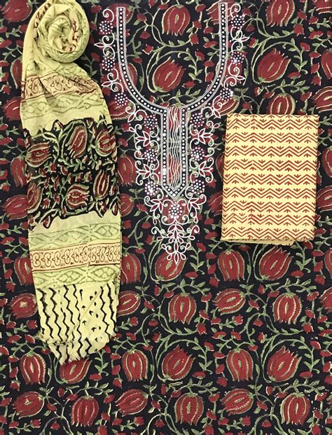 Block Printed Unstitched Dress Material With Hand Work – Gulabchand Prints