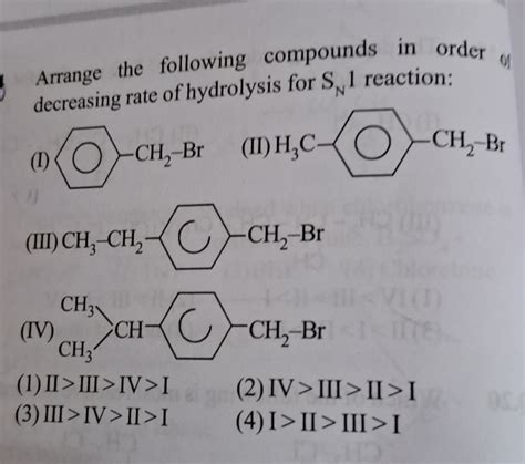 Arrange the following compounds in order of decreasing rate of hydrolysis..