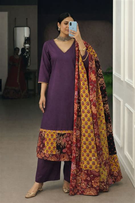 Pure cotton applique work suit set in purple– Aashvi Couture