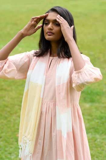 Buy Peach Handloom , Tassels Keyhole Neck Multi Tiered Dress With Stole ...