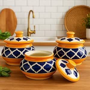 Saras Aajeevika 3 Pc Set of Ceramic Handi With Lid|Hand Painted Serving ...