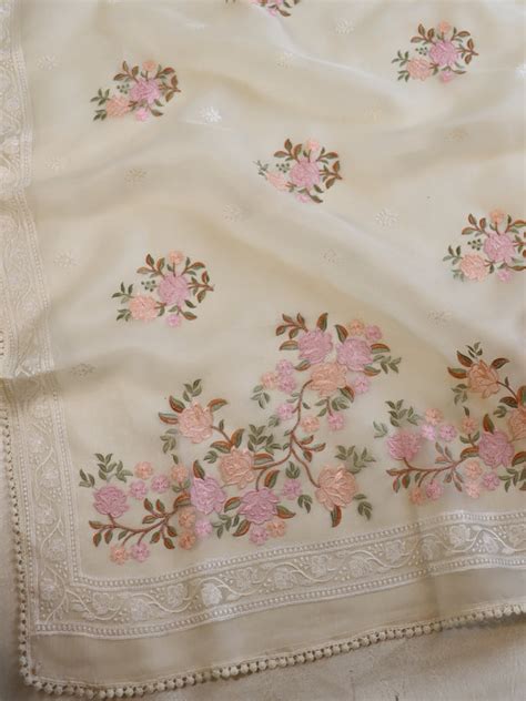 Banarasee Pure Organza Silk Saree With Floral Resham Embroidery-Cream
