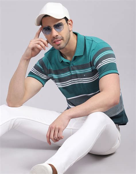 Buy Men Turquoise Blue Stripe Polo Collar Half Sleeve T-Shirt Online in ...