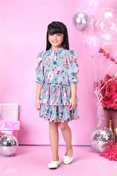 Sky Blue Puffed Sleeves Floral Printed Top And Skirt Set For Girls ...