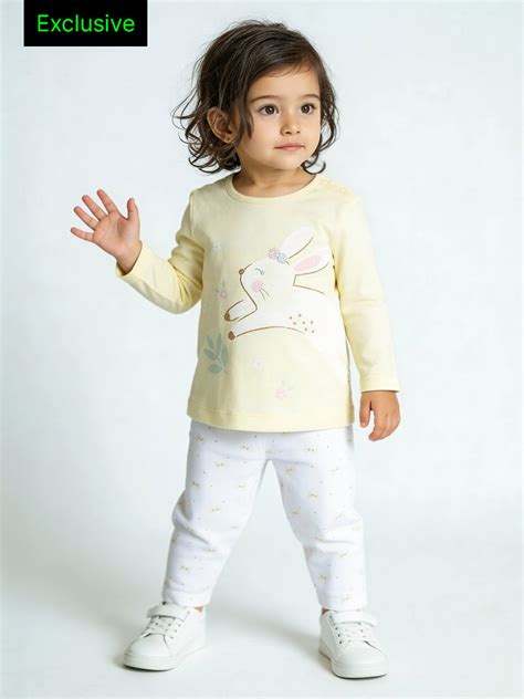 Buy HOP Baby Girls Yellow Animal Design Cotton T-Shirt and Pants Set ...
