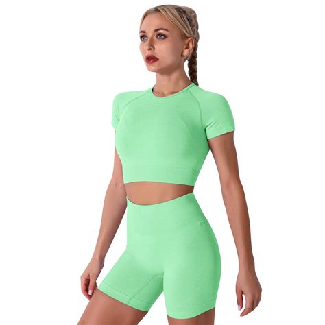 IBTOM CASTLE Women Workout Sets Yoga Outfits, Short Sleeve Crop Top ...