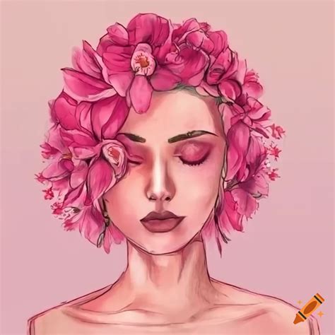 Portrait of a woman with pink hair and flowers on her head on Craiyon