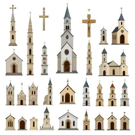 A collection of different types of buildings including a church and a ...