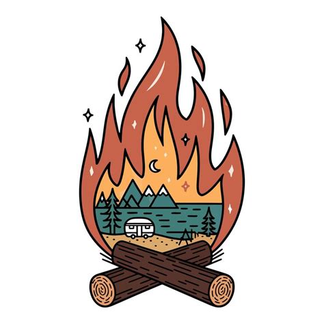 Burning campfire with mountain and trees inside flame or symbolic ...