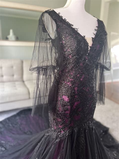 Gothic Black & Purple Wedding Dress with Trumpet Silhouette