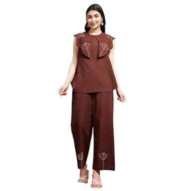 DEEBACO Solid Embroidered Cotton Top & Pants Co-ord Set for Women's ...