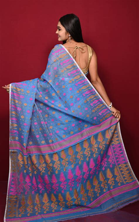 Soft Woven Jamdani Saree in Blue, Pink and Mustard – Bengal Looms India