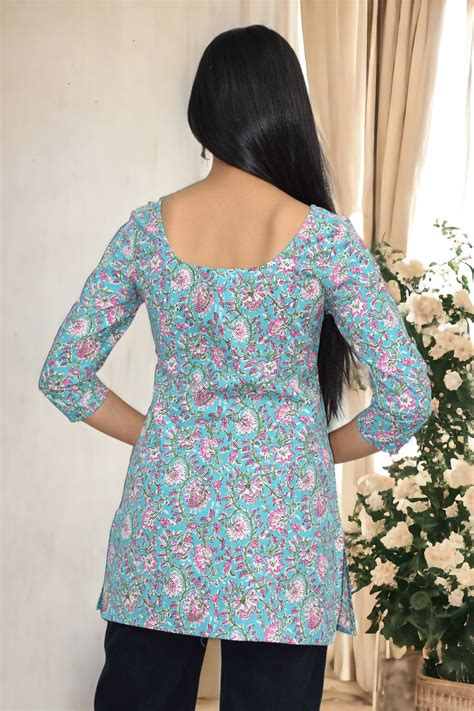 Blue pink Cotton Sleeves Broad Neck Kurti – Jaipur Hand Block