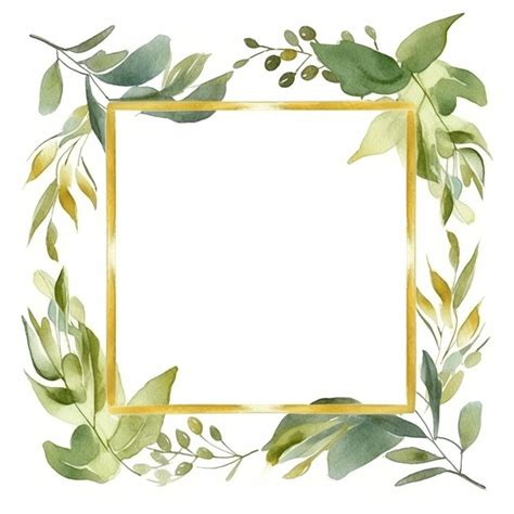 Enchanting Watercolor Greenery Gold Square Frame 6, Delicate Leaves ...