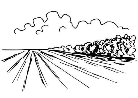 Simple vector drawing in black outline. Rural landscape, plowed field ...