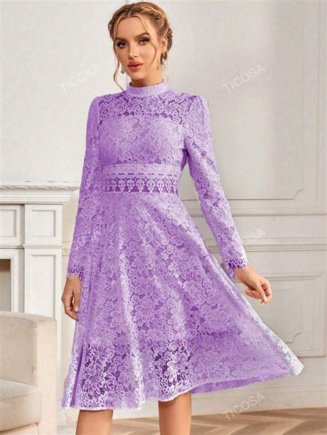 Mock Neck Lace Overlay Dress | SHEIN USA