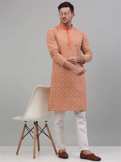 Men's Peach Embroidered Kurta with Pyjama. – Jompers Wholesale