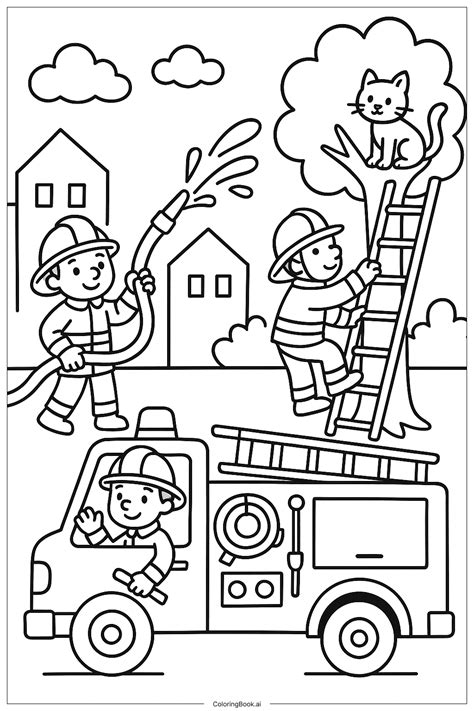 Fire Truck Rescue Scene with Firefighters Coloring Page (Free PDF&PNG ...