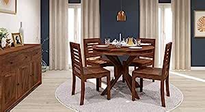 Jeen Wood Solid Sheesham Teak Wood Round Dining Table 4 Seater with 4 ...