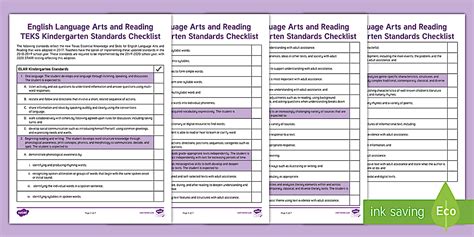 English Language Arts and Reading TEKS Kindergarten Standards Checklist