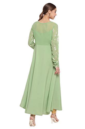 Buy Janasya Women's Light Green Poly Crepe Botanical Print Gown Kurta ...