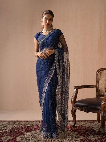 Classic Navy blue saree in net with kardana & sequin work – Malhotra's ...