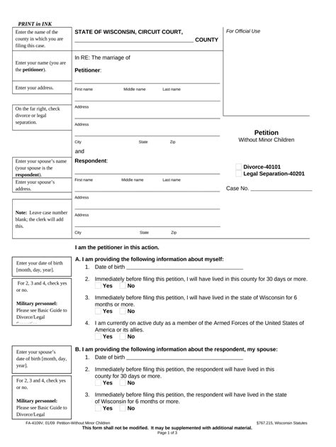 Wisconsin Divorce Petition Form - Blank Fillable Template | Fill Out ...