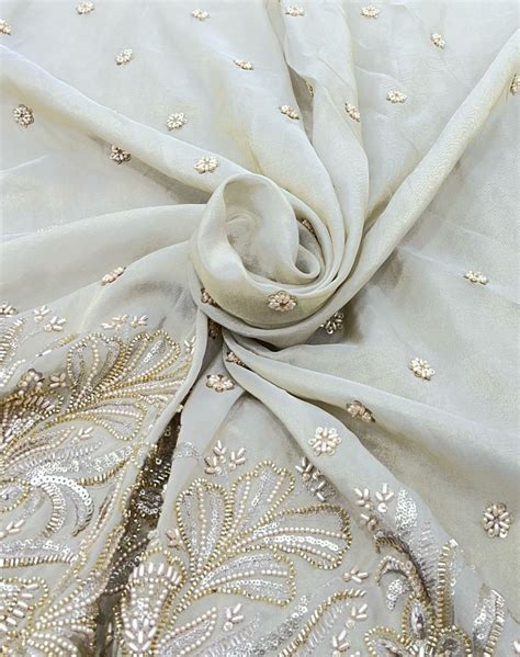 Natural Beige Tissue Cutdana Off White Pearl Embroidery – Saroj Fabrics