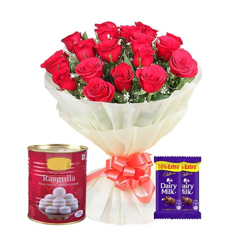 Online Red Roses With 1 Kg Rasgulla and Cadbury Dairy Milks Delivery ...