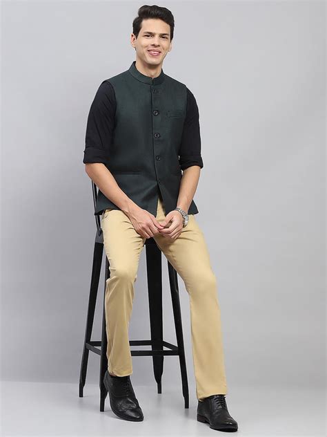 Buy Men Green Solid Mock Neck Sleeveless Nehru Jacket Online in India ...