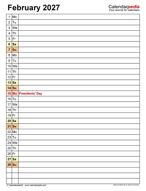 February 2027 Calendar | Templates for PDF, Excel and Word