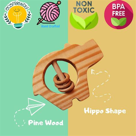 Wooden Animal Shape Baby Rattle (Hippo/Elephant/Turtle/Fish)