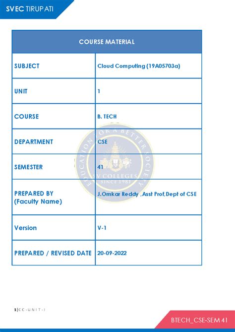 CC (19A05703a) Course Material: Cloud Computing Unit 1 Overview - Studocu