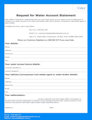 Fillable Online Request for Water Account Statement - State Water ...