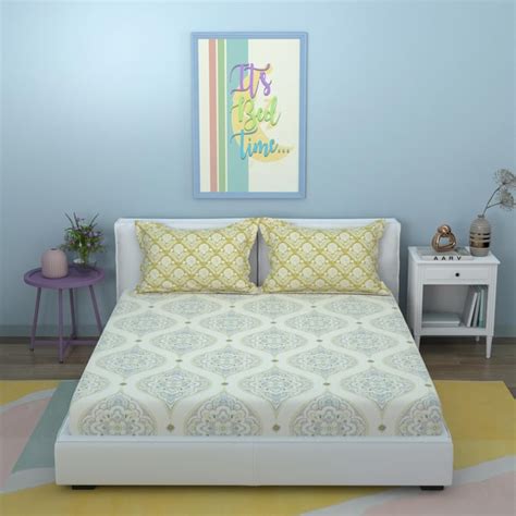 Buy STELLAR HOME Marigold Cotton 128TC Ethnic Print 3Pcs Queen Bedsheet ...